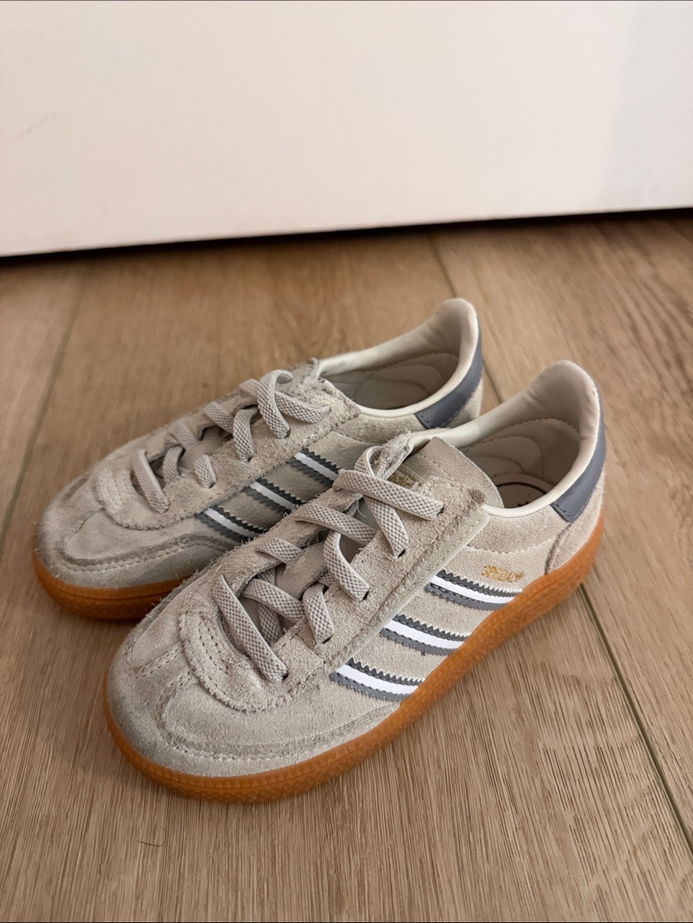 adidas Kids Suede Sneakers in Cream with Blue Stripes and Gum Sole